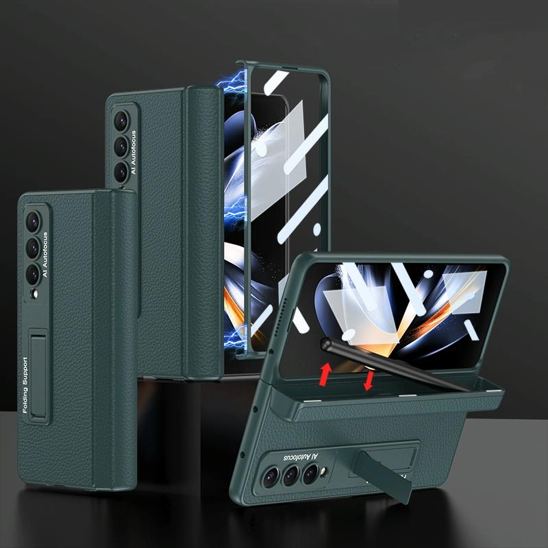 Leather Phone Case with Foldable Hinge and Holder - Green