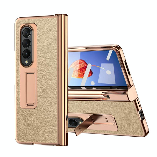 Premium Litchi Leather Hinged Phone Case for Samsung Galaxy z Fold 4 - with Pen - Gold