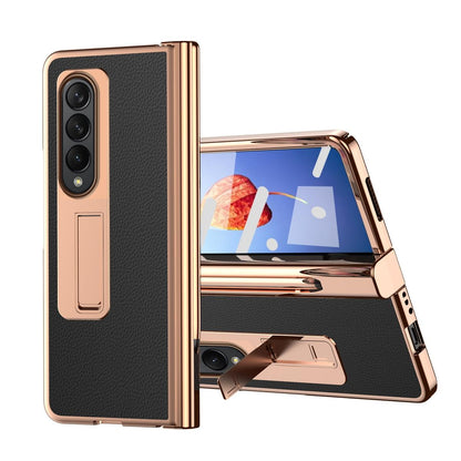 Premium Litchi Leather Hinged Phone Case for Samsung Galaxy z Fold 4 - with Pen - Gold