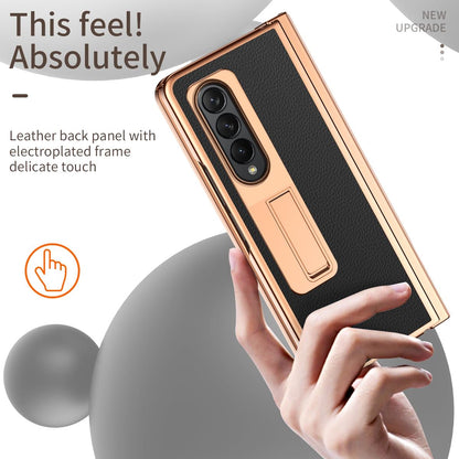 Premium Litchi Leather Hinged Phone Case for Samsung Galaxy z Fold 4 - with Pen - Gold