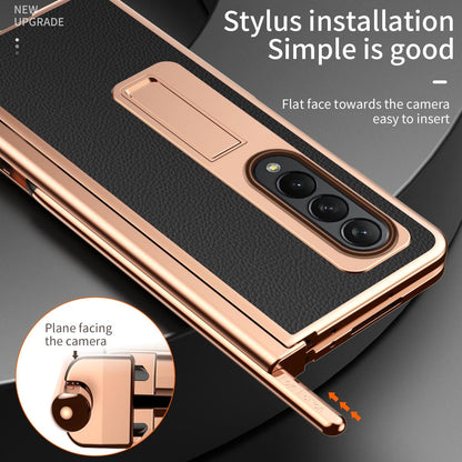 Premium Litchi Leather Hinged Phone Case for Samsung Galaxy z Fold 4 - with Pen - Gold
