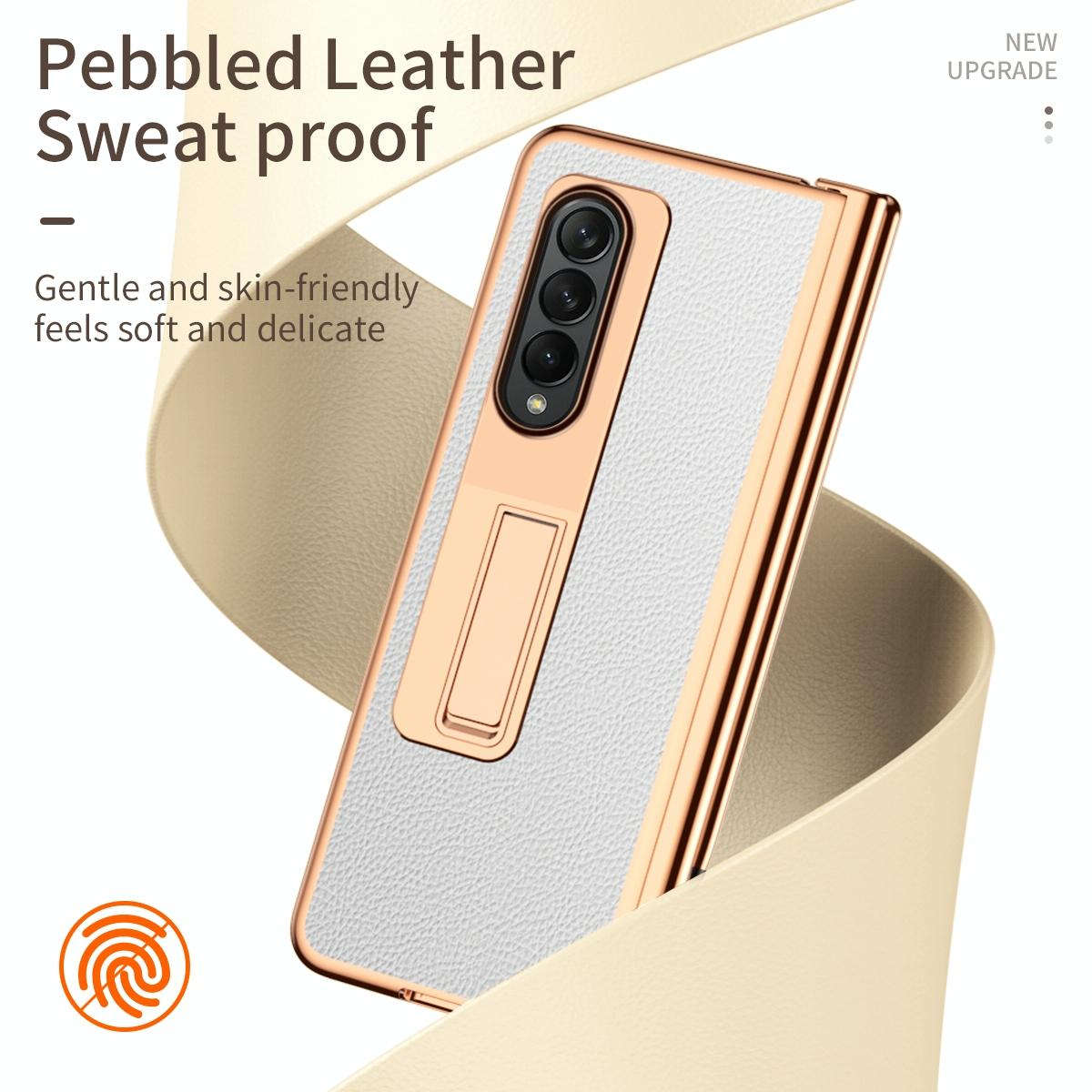 Premium Litchi Leather Hinged Phone Case for Samsung Galaxy z Fold 4 - with Pen - Gold