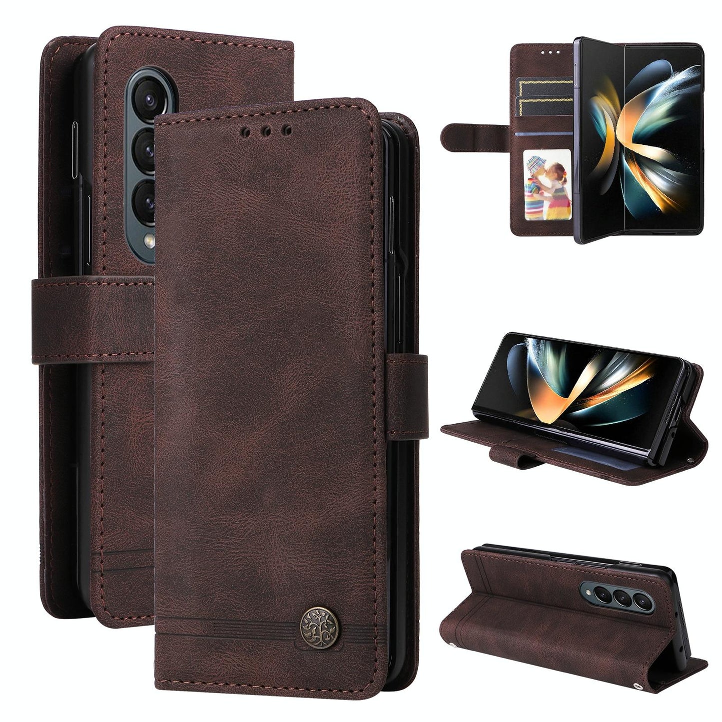 Metal Button Leather Case for Samsung Galaxy z Fold 4 / 5g - Tree Design - Brown