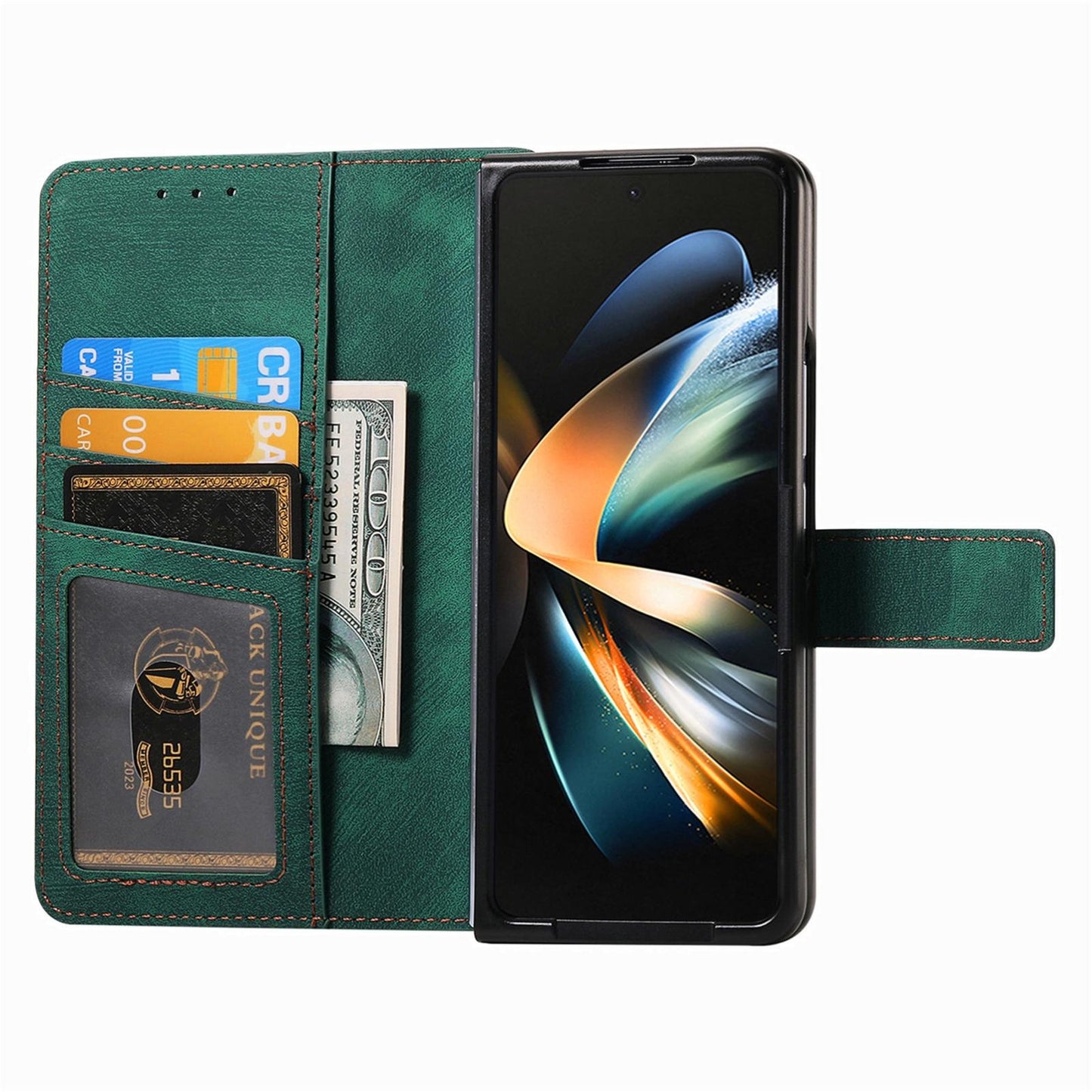 Vintage Magnetic Wallet Case for Samsung Galaxy z Fold 4 - Zipper Closure - Green