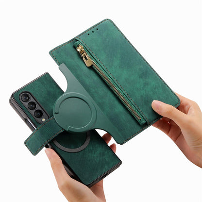 Vintage Magnetic Wallet Case for Samsung Galaxy z Fold 4 - Zipper Closure - Green