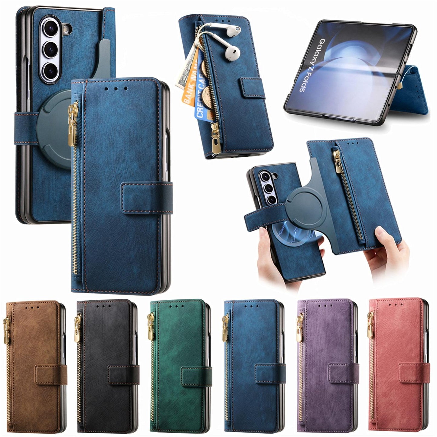 Vintage Magnetic Wallet Case for Samsung Galaxy z Fold 4 - Zipper Closure - Green