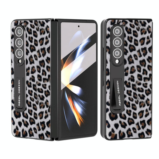 Leopard Print Phone Case with Holder for Samsung Galaxy z Fold 4 / 5g - Silver