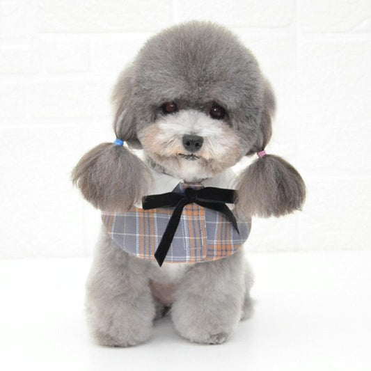 Dog Shawl Small Cloak Pet Bow Ttie Saliva Towel Pet Accessories - Size M - Gray Yellow Grid