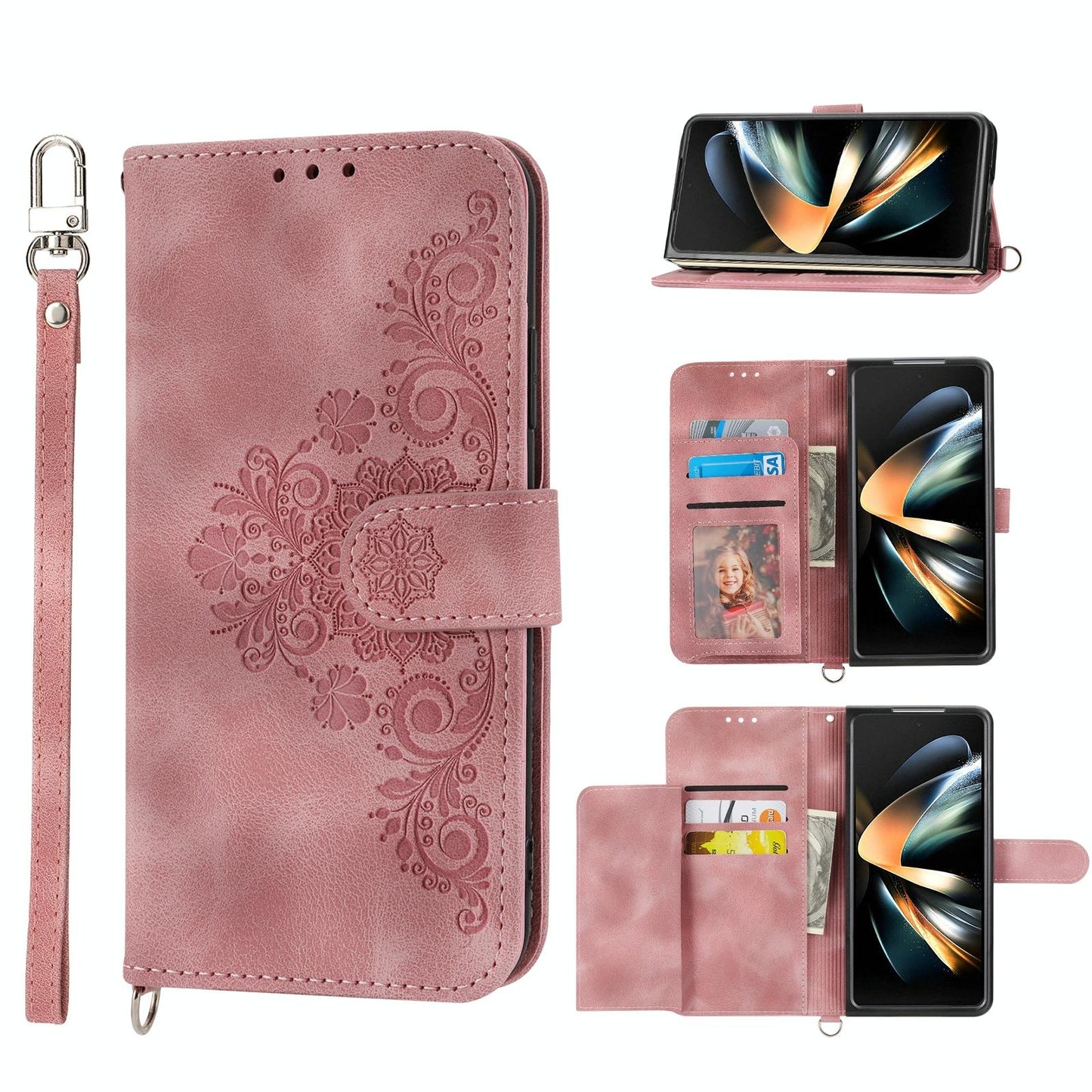 Floral Leather Phone Wallet for Samsung Galaxy z Fold 4 - Embossed - Purple