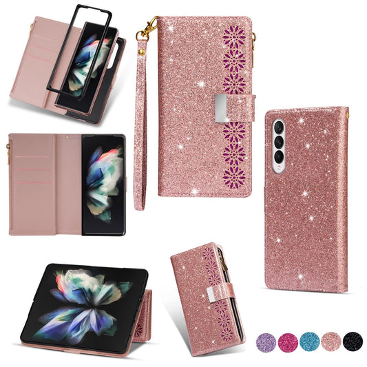 Sparkling Leather Zip Case for Samsung Galaxy z Fold 4 - Zipper Closure - Rose Gold