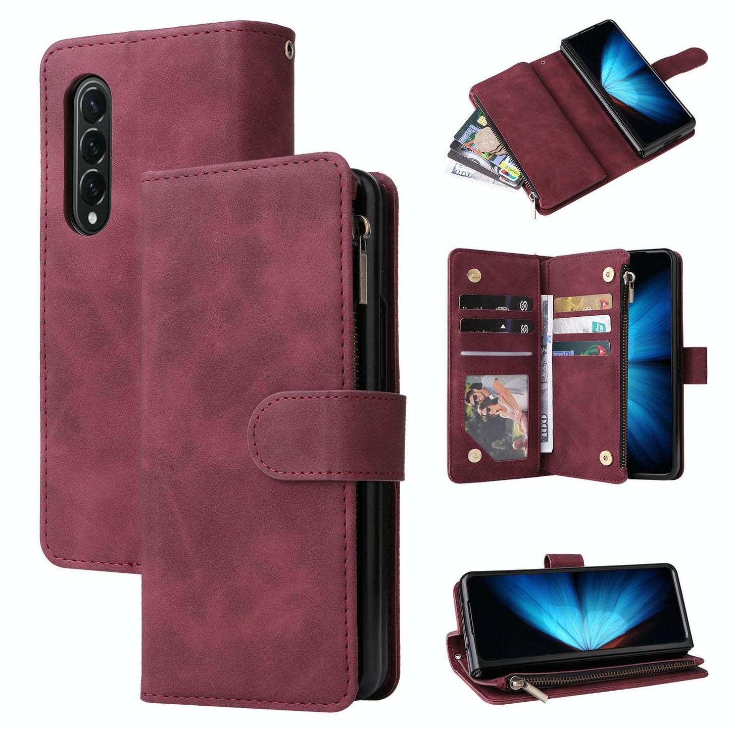 Frosted Leather Zip Wallet for Samsung Galaxy z Fold 4 - Compact and Stylish - Wine Red