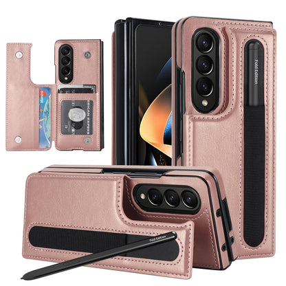 Double Buckle Foldable Phone Case with Pen Slot - Rose Gold