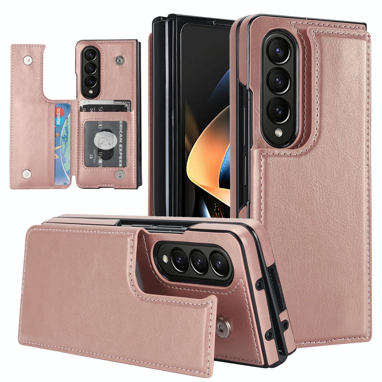 Foldable Phone Case with Double Buckle Card Slot for Samsung Galaxy z Fold4 - Rose Gold