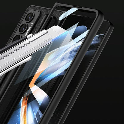 Leather Case with Holder & Pen Slots for Samsung Galaxy z Fold 4 - Thin & Shockproof - Silver