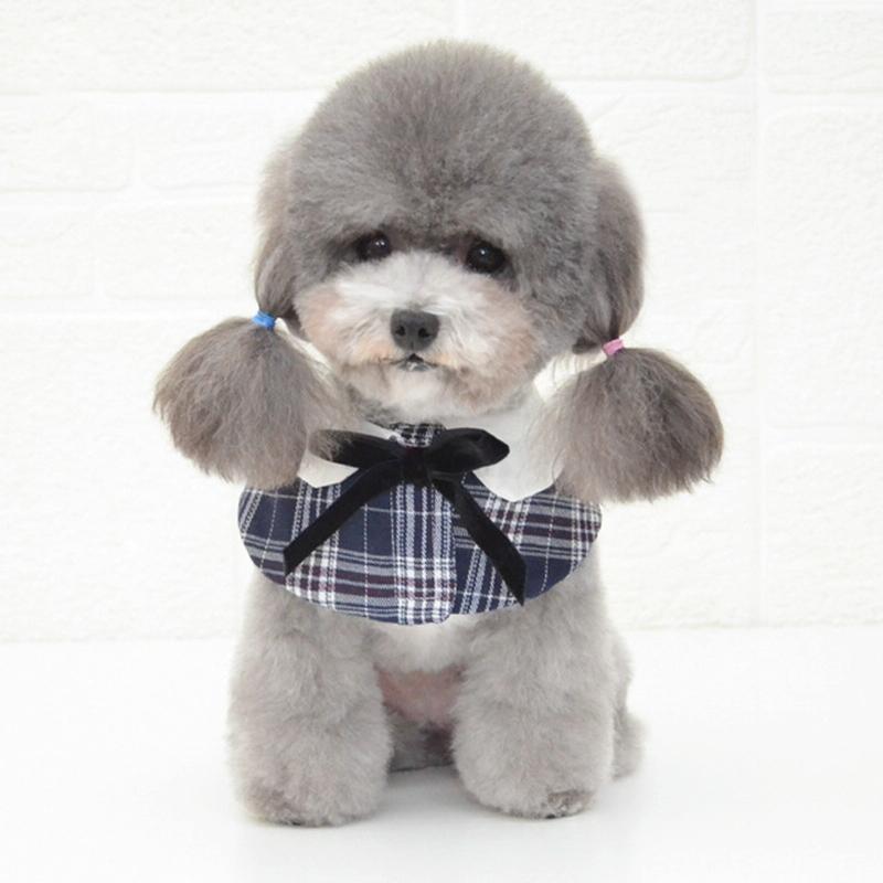 Dog Shawl Small Cloak Pet Bow Ttie Saliva Towel Pet Accessories - Size S - Navy Blue Grid