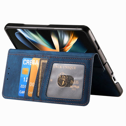 Vintage Magnetic Wallet Case for Samsung Galaxy z Fold 4 - Zipper Closure - Blue