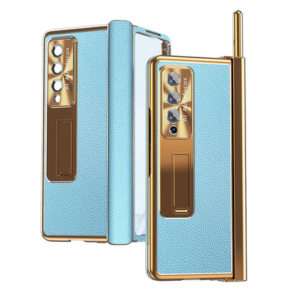 Shockproof Magnetic Litchi Pattern Phone Case for Samsung Galaxy z Fold 4 - Gold