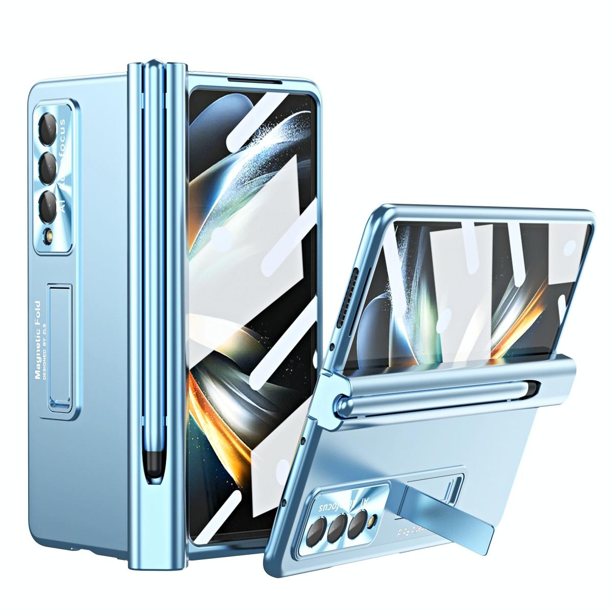 Foldable Phone Case with Pen Slot for Samsung Galaxy z Fold 4 - Electroplated - Blue