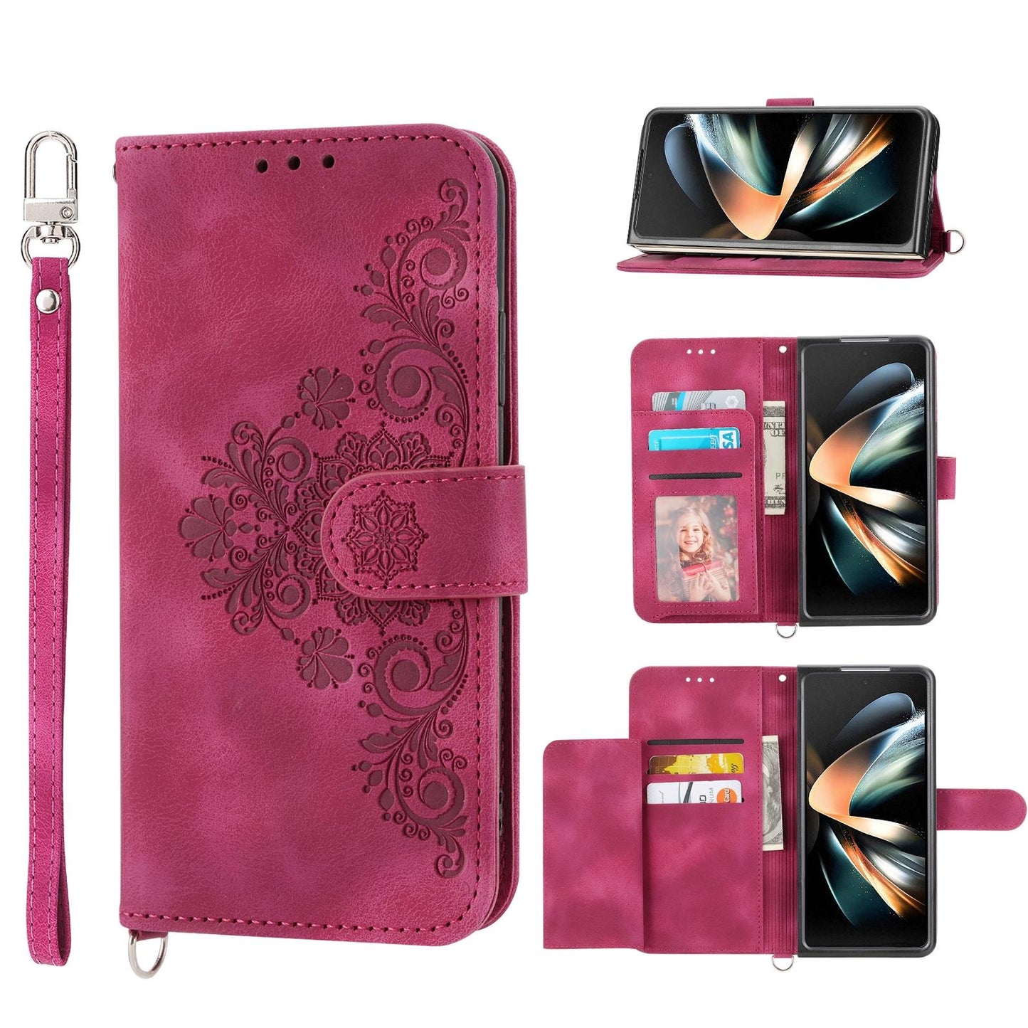 Floral Leather Phone Wallet for Samsung Galaxy z Fold 4 - Embossed - Wine Red