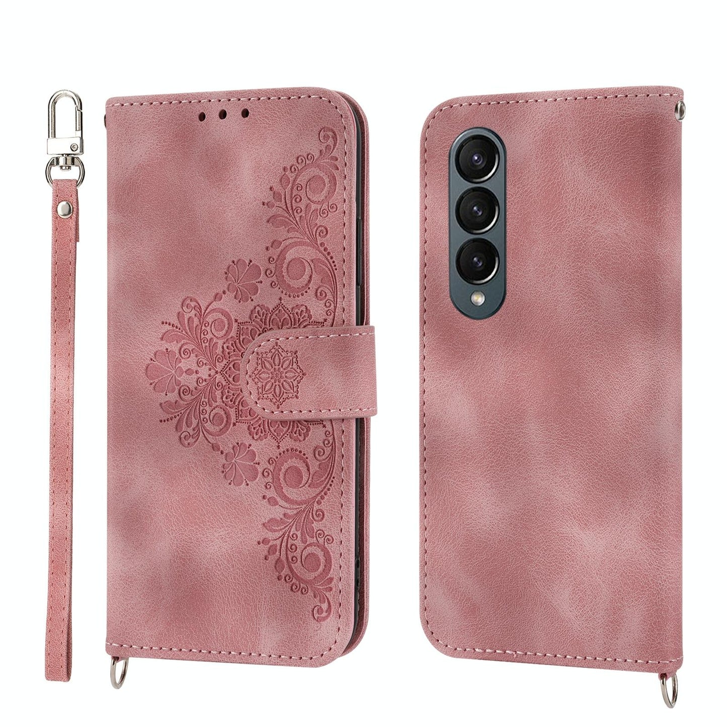 Floral Leather Phone Wallet for Samsung Galaxy z Fold 4 - Embossed - Wine Red