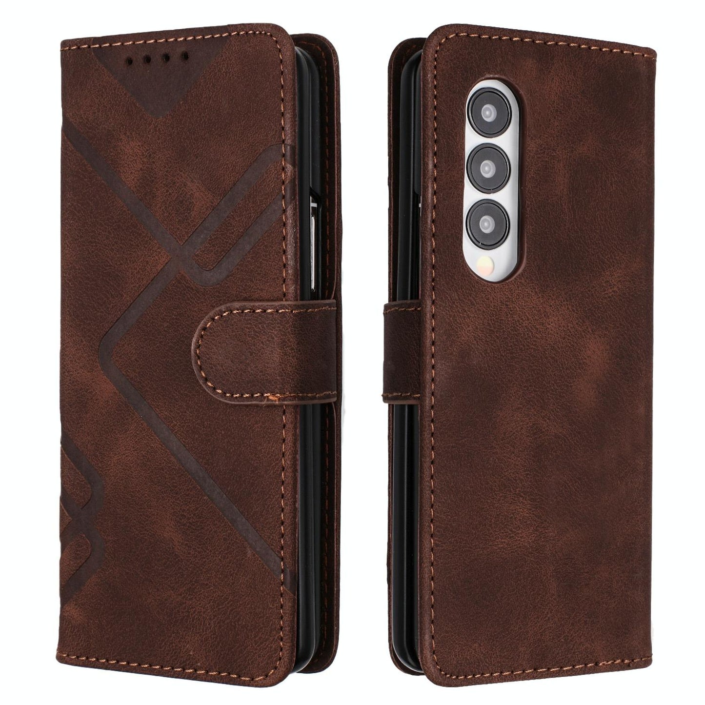 Smooth Leather Phone Case for Samsung Galaxy z Fold 4 - Line Pattern - Coffee