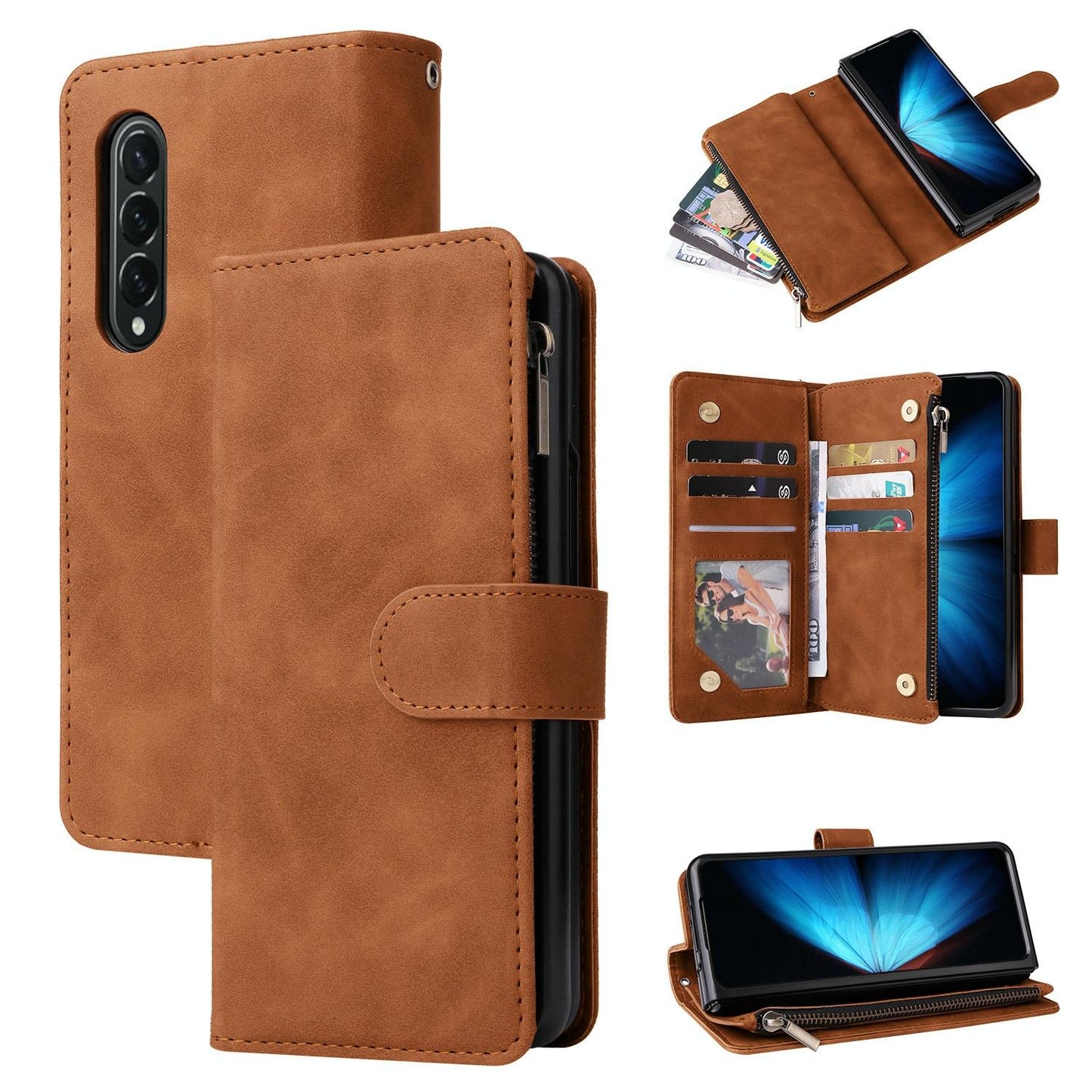 Frosted Leather Zip Wallet for Samsung Galaxy z Fold 4 - Compact and Stylish - Brown