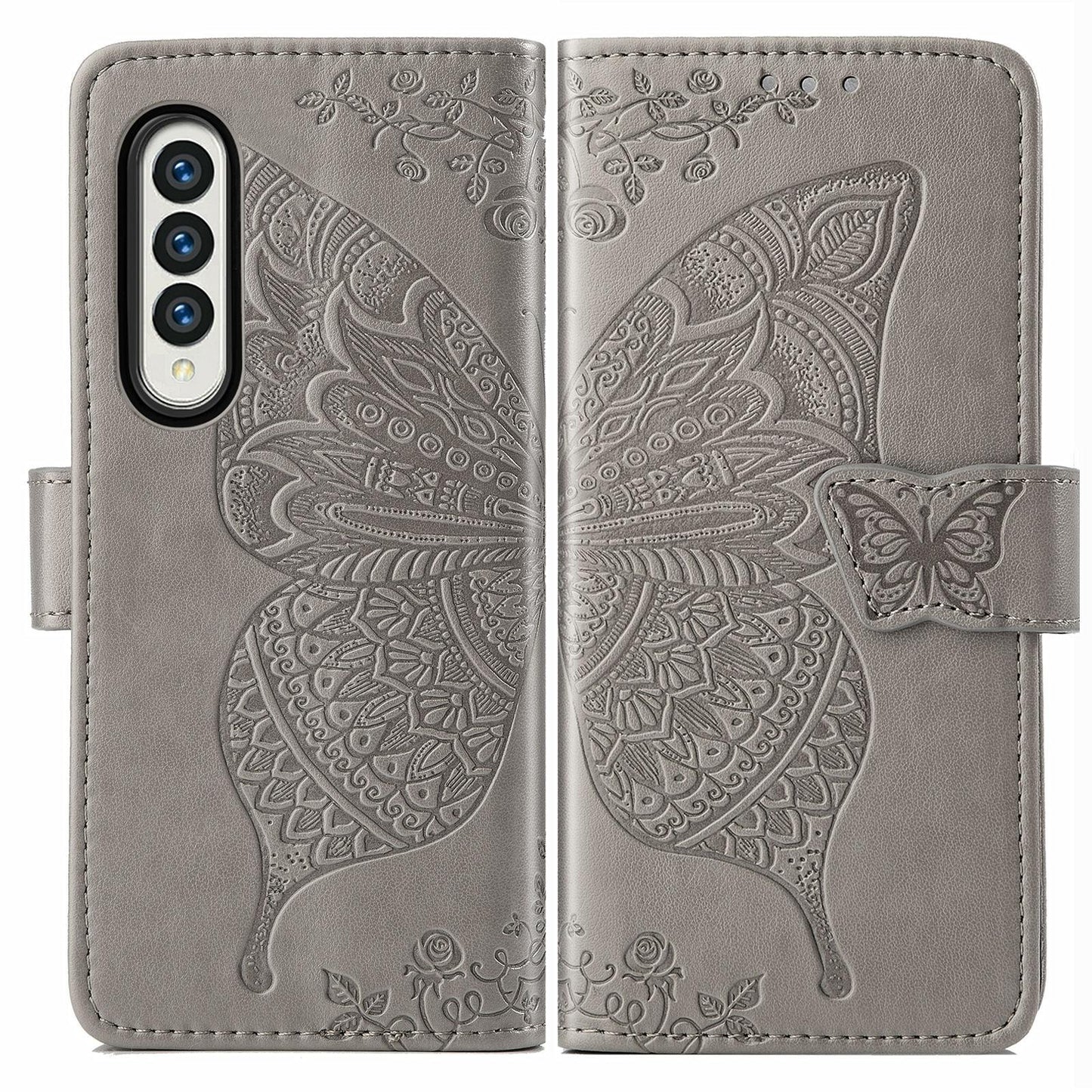 Embossed Butterfly Love Leather Case for Samsung Galaxy z Fold 4 - Flower Design - Dark Purple