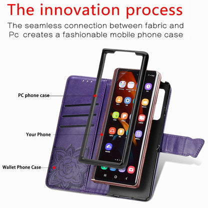 Embossed Butterfly Love Leather Case for Samsung Galaxy z Fold 4 - Flower Design - Dark Purple