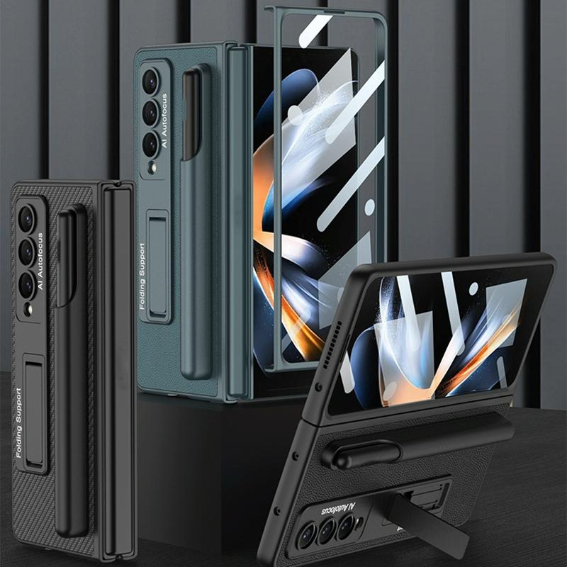 Leather Case with Holder & Pen Slots for Samsung Galaxy z Fold 4 - Thin & Shockproof - Carbon Fiber Texture