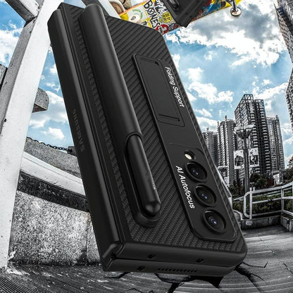 Leather Case with Holder & Pen Slots for Samsung Galaxy z Fold 4 - Thin & Shockproof - Carbon Fiber Texture