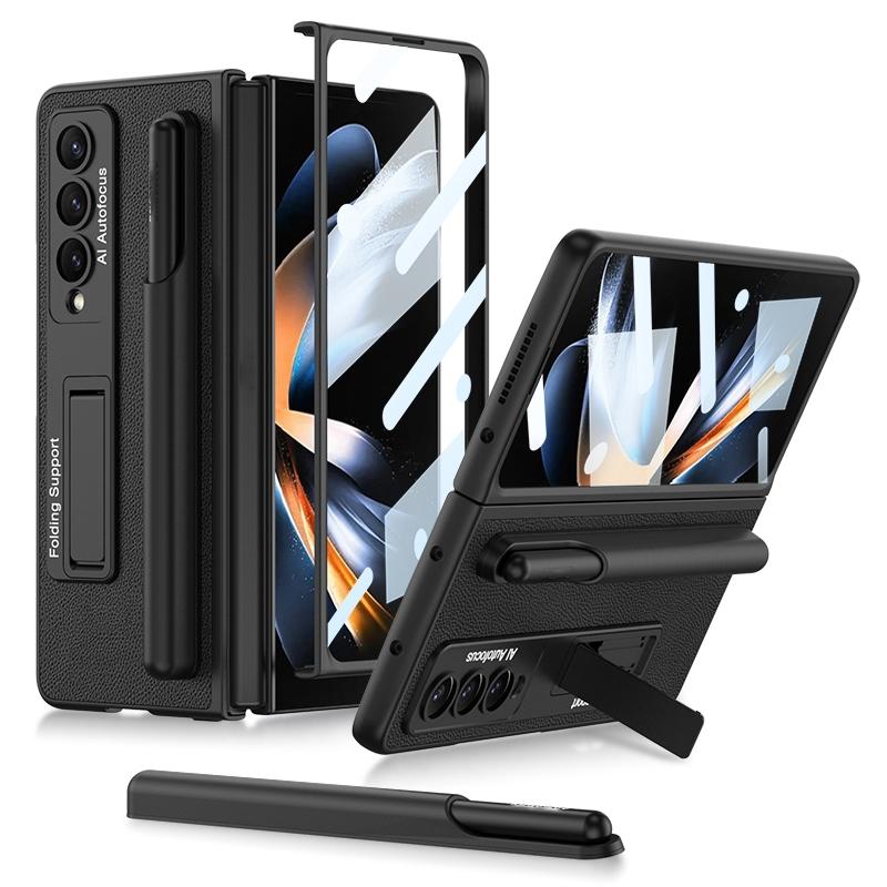 Leather Case with Holder & Pen Slots for Samsung Galaxy z Fold 4 - Thin & Shockproof - Carbon Fiber Texture