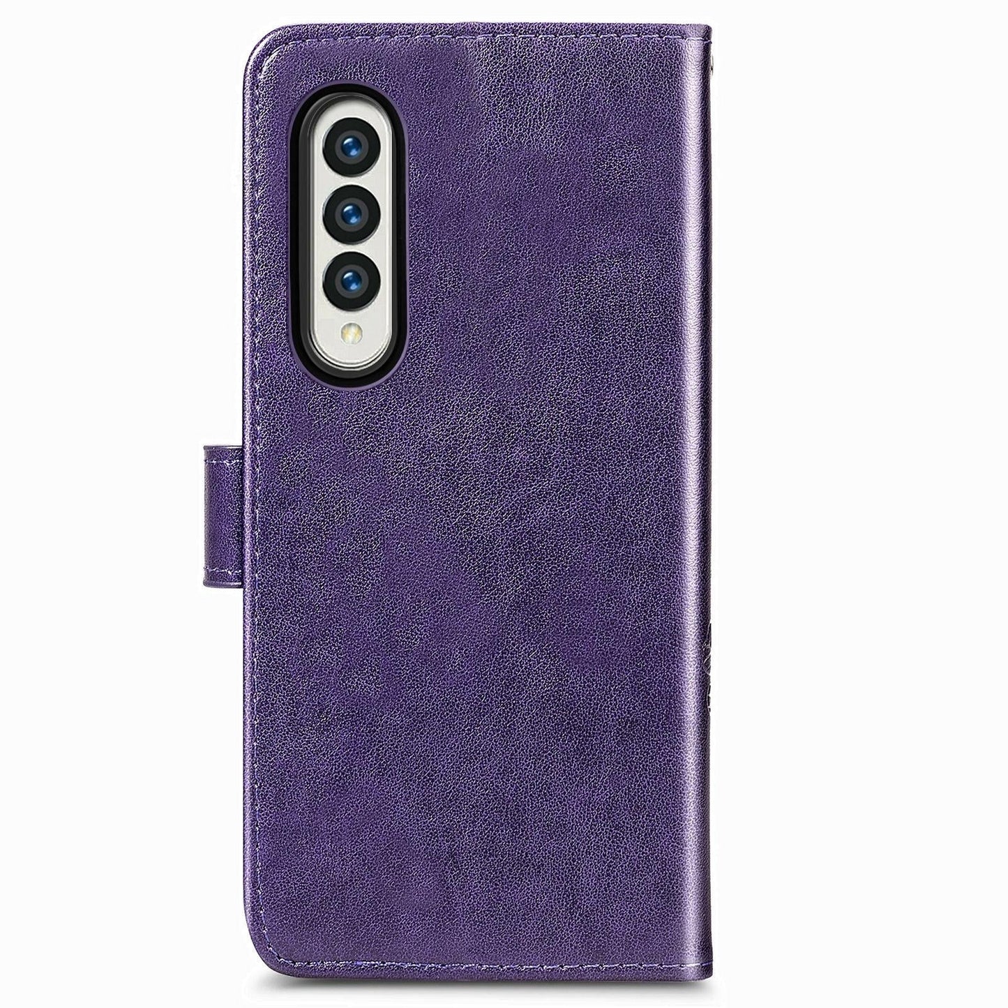 Embossed Leather Phone Case for Samsung Galaxy z Fold 4 with Four Leaf Clasp - Purple