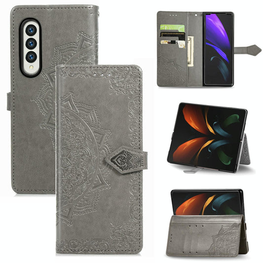 Embossed Mandala Leather Phone Case for Samsung Galaxy z Fold 4 - Gray