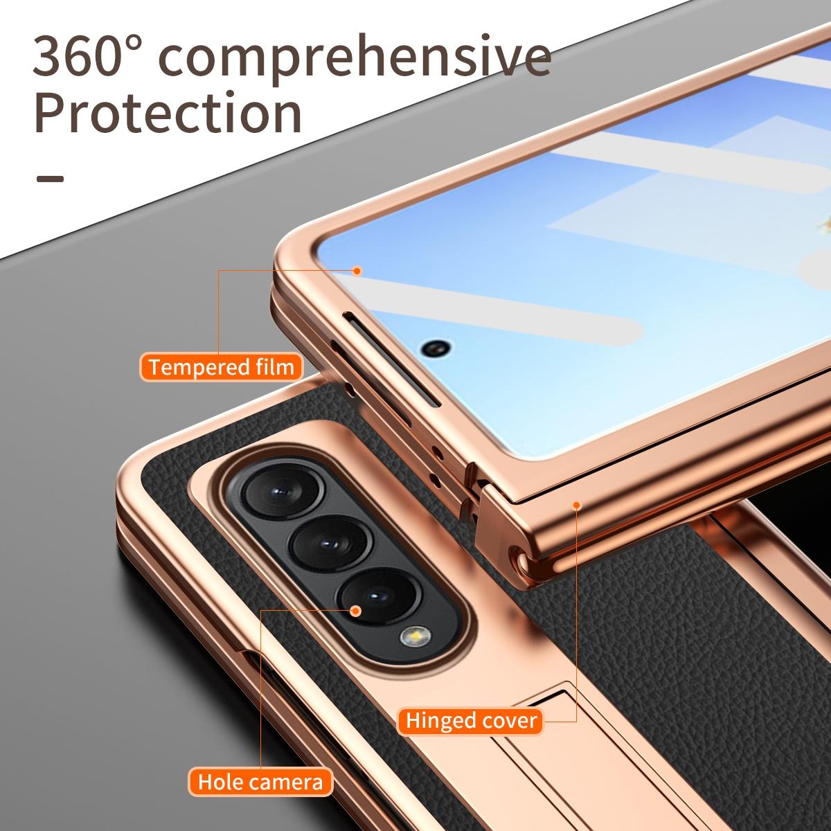 Premium Litchi Leather Hinged Phone Case for Samsung Galaxy z Fold 4 - with Pen - Black