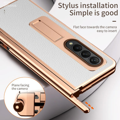 Premium Litchi Leather Hinged Phone Case for Samsung Galaxy z Fold 4 - with Pen - Black