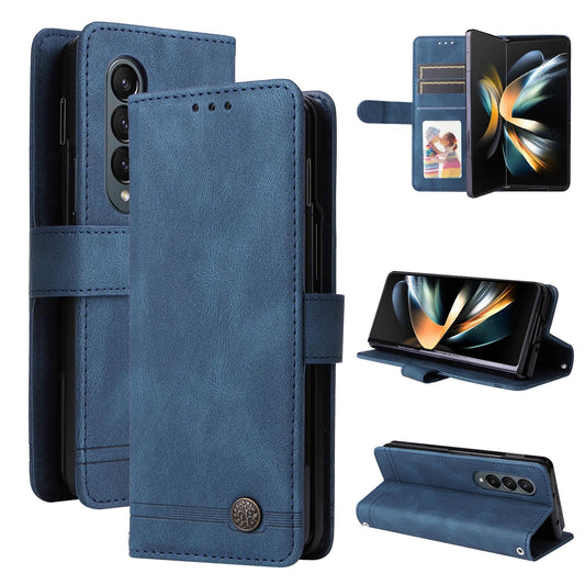 Metal Button Leather Case for Samsung Galaxy z Fold 4 / 5g - Tree Design - Blue