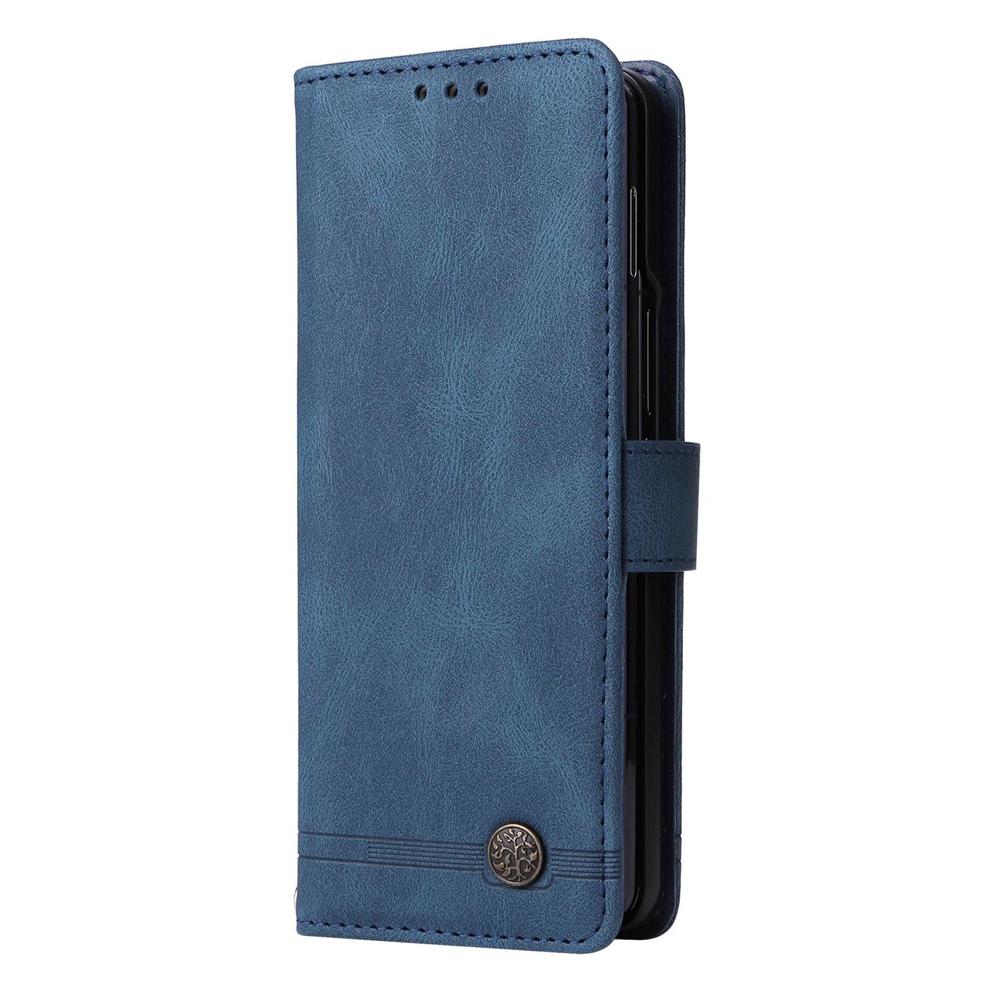 Metal Button Leather Case for Samsung Galaxy z Fold 4 / 5g - Tree Design - Blue