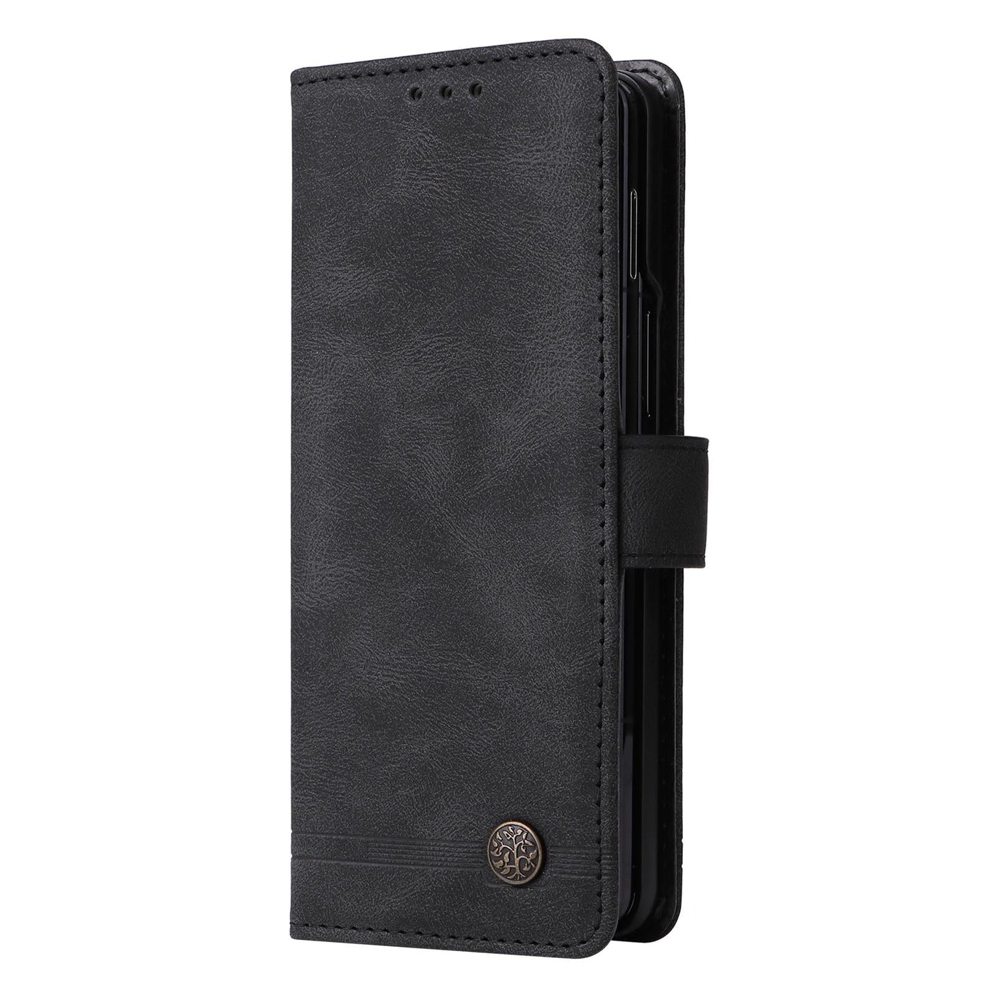 Metal Button Leather Case for Samsung Galaxy z Fold 4 / 5g - Tree Design - Blue