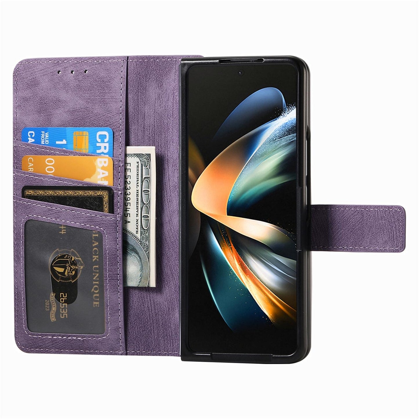 Vintage Magnetic Wallet Case for Samsung Galaxy z Fold 4 - Zipper Closure - Purple