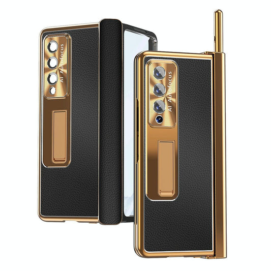 Shockproof Magnetic Litchi Pattern Phone Case for Samsung Galaxy z Fold 4 - Black Gold