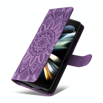 Sunflower Embossed Leather Phone Case for Samsung Galaxy z Fold 4 / 5g - Rose Gold