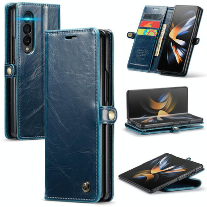 Premium Crazy Horse Leather Phone Case for Samsung Galaxy z Fold 4 - Blue