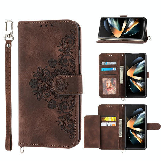 Floral Leather Phone Wallet for Samsung Galaxy z Fold 4 - Embossed - Brown