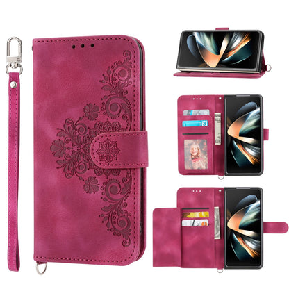 Floral Leather Phone Wallet for Samsung Galaxy z Fold 4 - Embossed - Brown