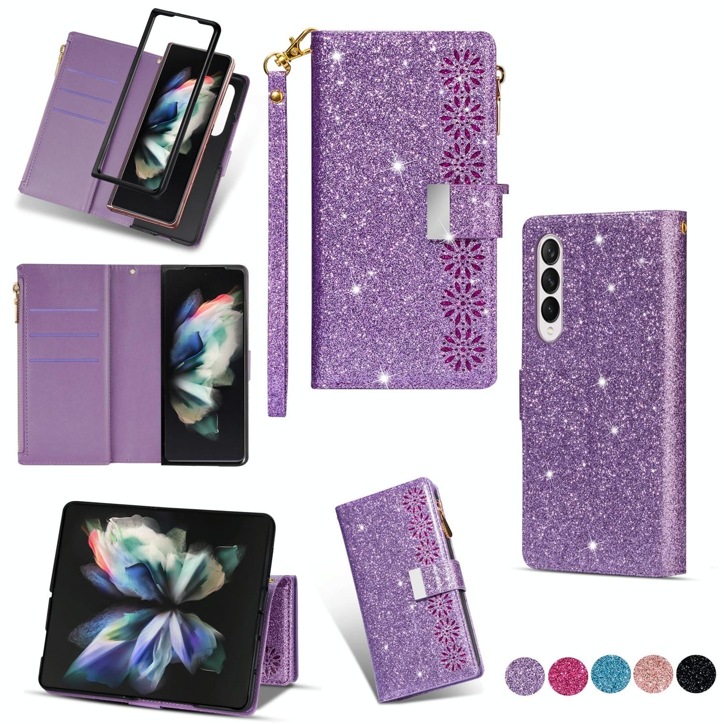 Sparkling Leather Zip Case for Samsung Galaxy z Fold 4 - Zipper Closure - Purple