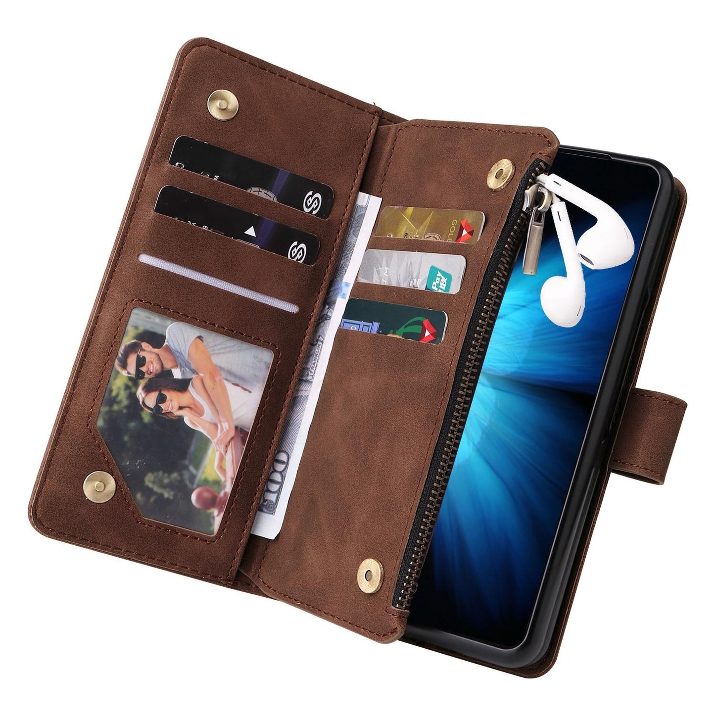 Frosted Leather Zip Wallet for Samsung Galaxy z Fold 4 - Compact and Stylish - Coffee