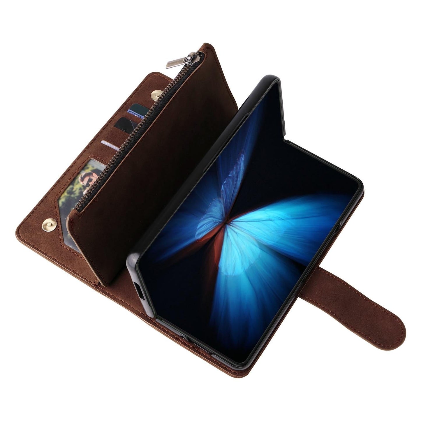 Frosted Leather Zip Wallet for Samsung Galaxy z Fold 4 - Compact and Stylish - Coffee