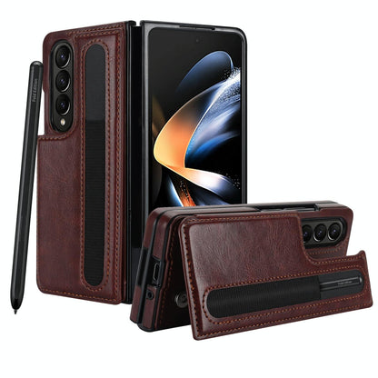 Double Buckle Foldable Phone Case with Pen Slot - Brown