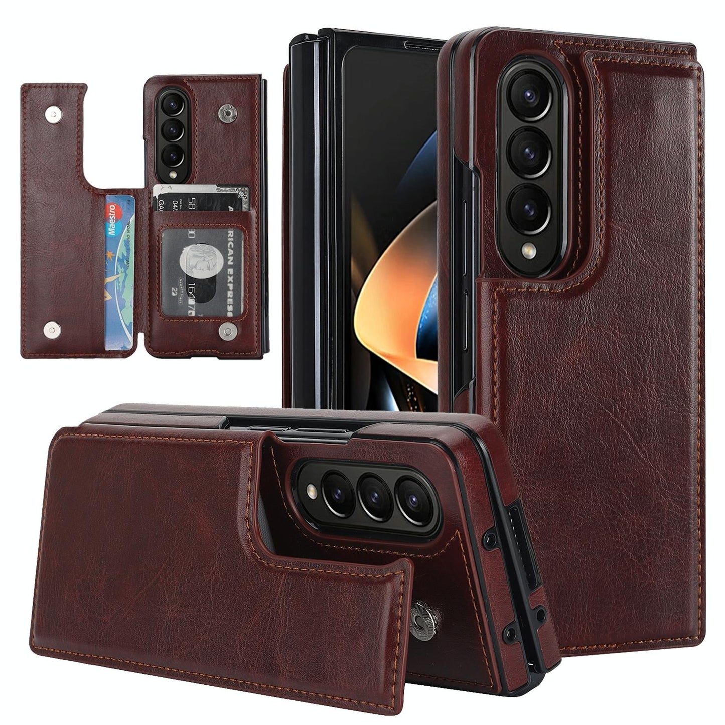 Foldable Phone Case with Double Buckle Card Slot for Samsung Galaxy z Fold4 - Brown