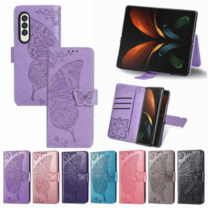 Embossed Butterfly Love Leather Case for Samsung Galaxy z Fold 4 - Flower Design - Light Purple